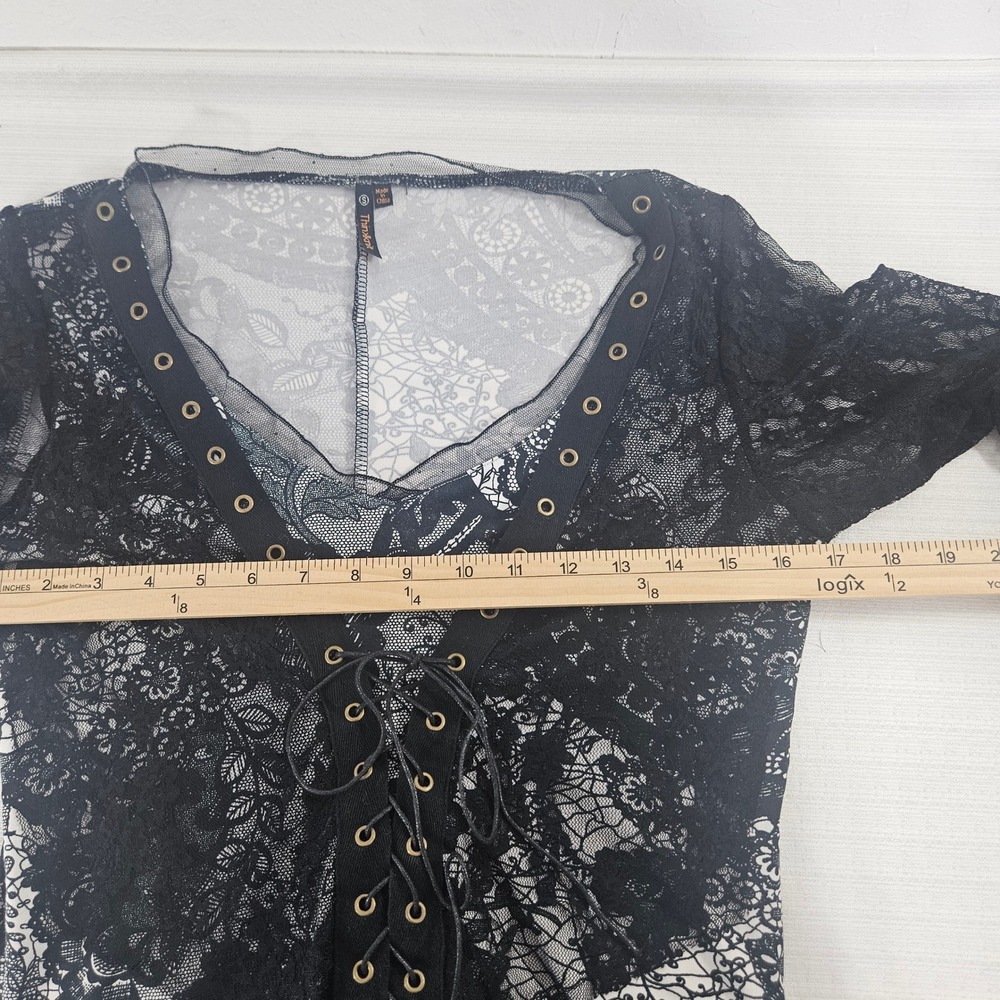Womens sz small Black White Lace Corset Tunic Top Handkerchief Hem Whimsigoth - Picture 6 of 9